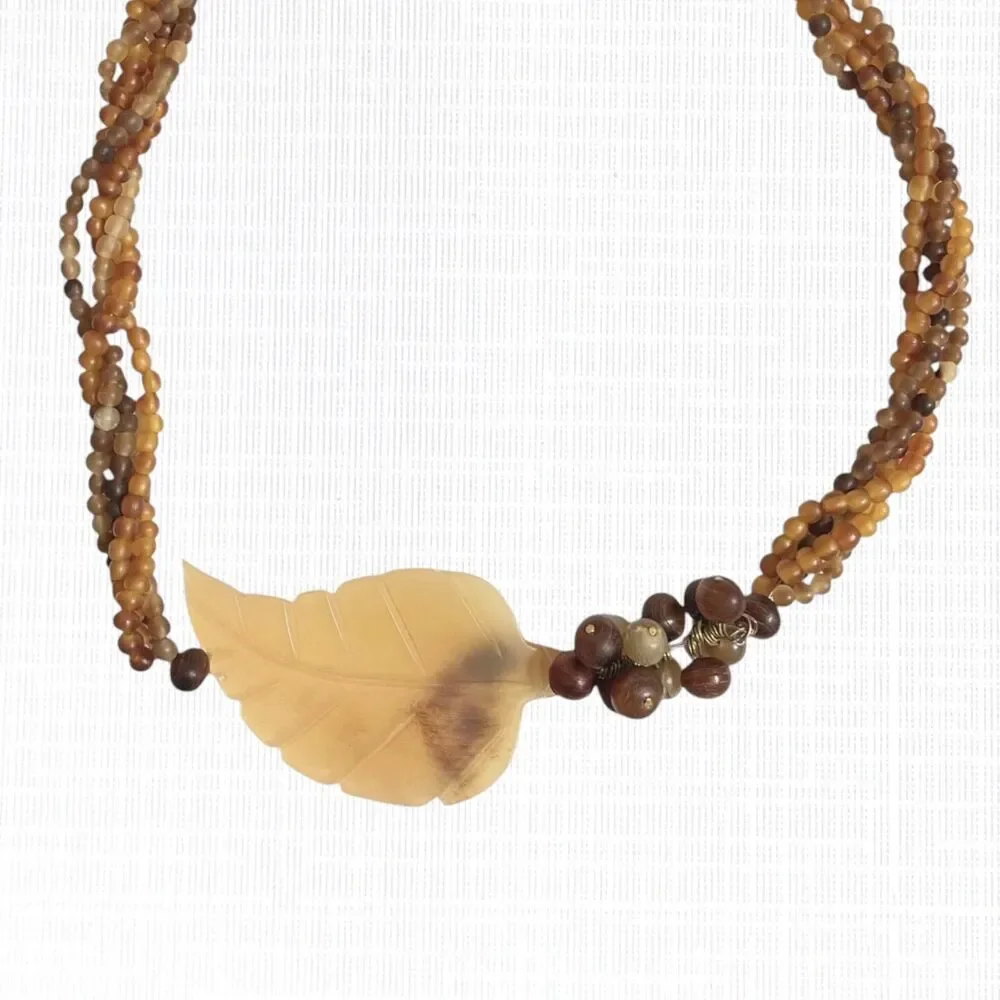 Vintage Baltic Amber Statement Necklace Brown Beige Leaf Pendant Twist Beaded